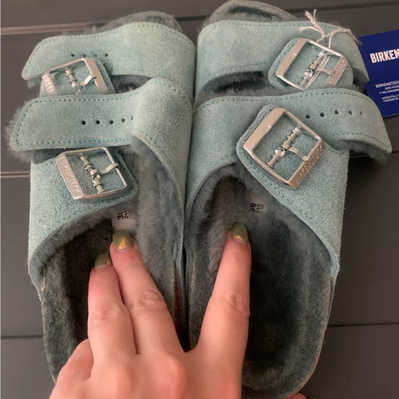Birkenstock Arizona Suede Leather Beryl Teal Shearling Lined Sandals NWT - Picture 6 of 9